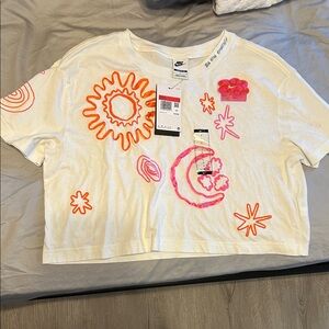 Nike White Tee with Orange and Pink Patterns